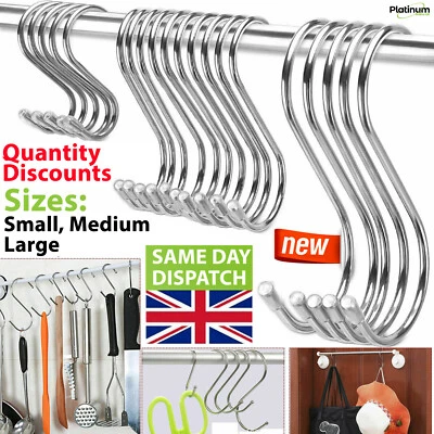Stainless Steel S Hooks 10/20/30/40/50 Kitchen Utensil Clothes Hanger Hanging UK - Image 1 of 4