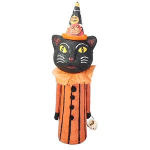 Paper Mache Black Cat 14" Orange Halloween Trick Treat Figure Skull Bucket VTG - Imagen 1 de 23