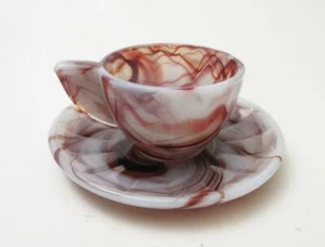 ANTIGUO AKRO ÁGATA ESCORIA VIDRIO MINIATURA TAZA Y PLATILLO NIÑOS JUEGO DE TÉ DEPRESIÓN - Imagen 1 de 12