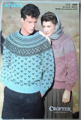 New Original Patons Crofter Aran Adult Yoke Sweater Knitting Pattern 3598 - Image 1 of 2