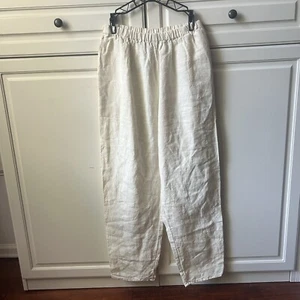 Flax Pants Linen Pull On Pants Womens Cream Tapered Leg Relaxed Fit Pockets Sz M - Picture 1 of 11