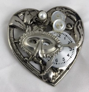 Steampunk Pin Heart Mask Clock Pearl Buttons Brooch Artist Handmade 2.5 x 2.25" - Picture 1 of 4