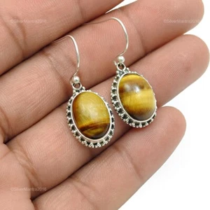 Pendientes De Chakra Sacral De Ojo De Tigre De Plata Esterlina 925 - Imagen 1 de 8