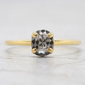 0.74 Ct Oval Salt And Pepper Diamond Ring 14K Yellow Gold Engagement Gift Ring - Picture 1 of 9