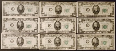 Lot of 9 Vintage Heavily Circulated 1950 Twenty Dollar ($20) FRNs, Assorted - Image 1 of 4