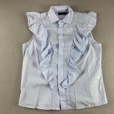 Polo Ralph Lauren Shirt Women M Blue Striped Sleeveless Button Up Fringe Top NEW - Image 1 of 4