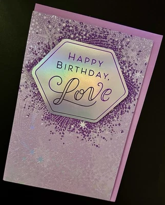 *TARJETA DE FELICITACIÓN DE AMOR DE FELIZ CUMPLEAÑOS* PÚRPURA/BRILLO PLATEADO/ESTRELLAS FUGACES Foto 1 de 2