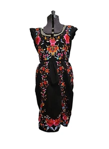 ASOS Women's Sz 6 Dress Black 100% Cotton Colorful Floral Embroidery Cap Sleeve - Picture 1 of 12