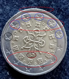 2€ PORTUGAL 2002 con fallo de impresión, Reborde, estrellas, exceso de material - Imagen 1 de 8
