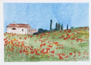 ACEO Watercolor Painting Landscape House in Tuscany Red Flowers Italy Signed - Picture 1 of 2