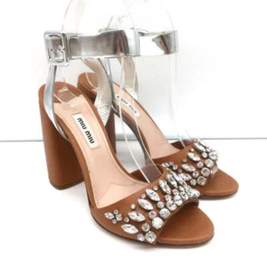 Miu Miu Crystal-Embellished Two Tone Sandals Brown & Silver Leather Size 36 - Picture 1 of 12