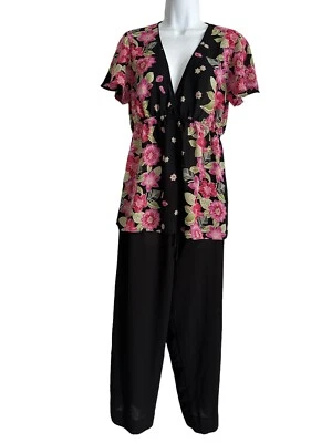Oscar De La Renta Rosa Etiqueta Mujer Conjunto de 2 Piezas Pijama Negro Rosa Floral Pantalones M Foto 1 de 4