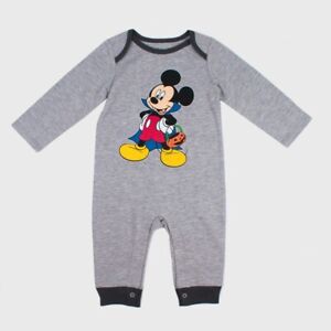 Baby Boys' Disney Mickey Mouse & Friends Mickey Mouse Long Sleeve Romper - Gray