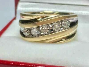 5 Stone Lab Created Round Diamond Men's Wedding Band Ring 14k Yellow Gold Plated - Picture 1 of 11