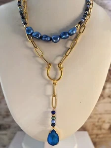 Blue Glass Czech Beads & Crystal Pendant In Two Strand Paperclip Necklace - Picture 1 of 10