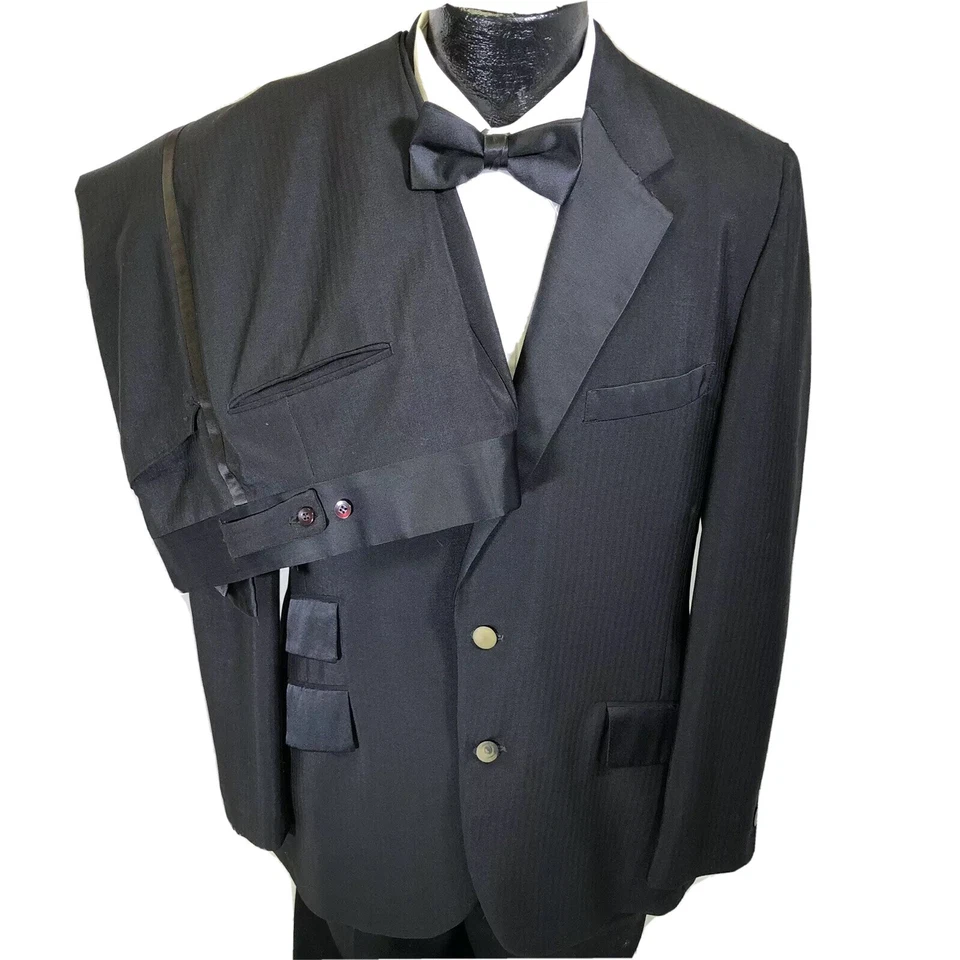 De Colección Años 50 Rockabilly Negro Esmoquin Piel de Tiburón Traje Seda Lana Formal Boda Esmoquin 40 Foto 1 de 4