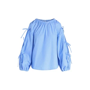 Kostenlose Montage Baumwolltop mit gerafftem Ausschnitt und langen Bindeärmeln X-Small (0-2) blau - Bild 1 von 4