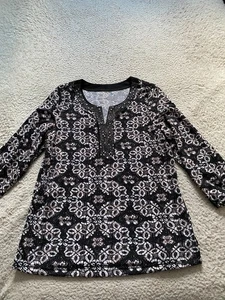 Croft & Barrow Women Geometric Beaded 3/4 Sleeve Henley Blouse Multicolor Size M - Foto 1 di 9