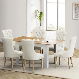 Oikiture 160cm Extendable Dining Table with 6PCS Dining Chairs Velvet Beige - Picture 1 of 10