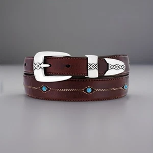 Echter türkisfarbener BRIGHTON Cody Taper brauner Ledergürtel Größe 30/32 versilbert - Bild 1 von 11