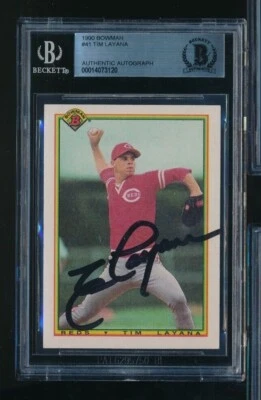 1990 BOWMAN  #41 TIM LAYANA signed auto autograph deceased BAS BECKETT 02 - Image 1 of 2