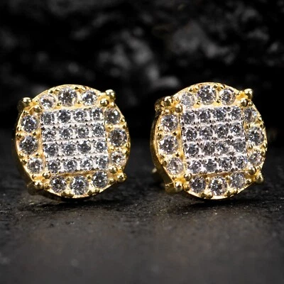 Pendientes Micro Pavé Chapados en Oro Amarillo Circonita Helada Forma Redonda Para Hombre Tornillo Trasero Foto 1 de 4