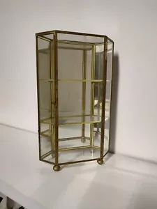 Vintage Brass Glass Curio Cabinet w/ Shelf Door Latch Hexagon Display - Picture 1 of 9