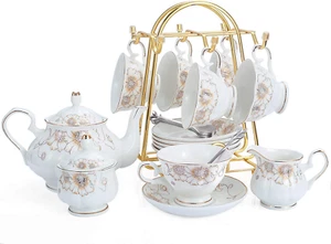 Tea Set 22-Piece Porcelain Ceramic Coffee Tea Gift Sets Cups Saucer Service for - Picture 1 of 6