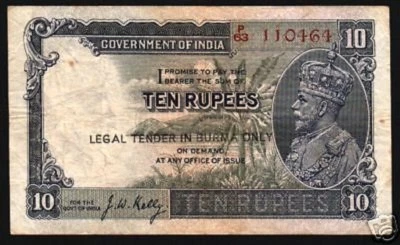BURMA 10 RUPEES P2 B 1937 KING GEORGE V ELEPHANT India Burmese Myanmar BANK NOTE - Image 1 of 2