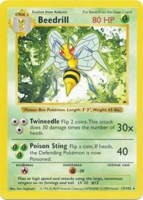 Pokémon TCG - Beedrill - 17/102 - Rare - Shadowless - Base Set [Moderate Play] - Image 1 of 3