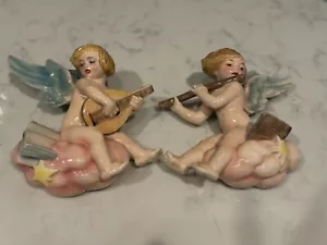 Pair Of Orlik Austria Bisque Porcelain Wall Plaque ANGELS PLAYING MANDOLIN/FLUTE - Picture 1 of 10