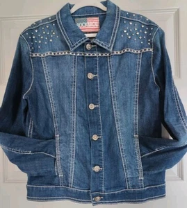 Rock & Roll Cowgirl Jean Jacket Women's Stretch Denim Studded Dark Wash X-LG - Picture 1 of 13