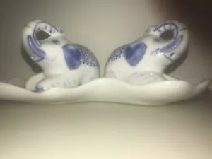 Vintage Elephant Salt and Pepper Shaker Set Ceramic Blue And White 2”Tall - Picture 1 of 8