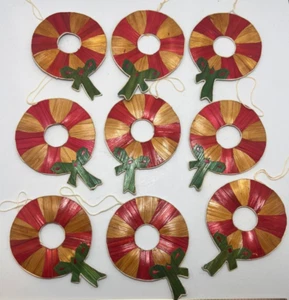 Vintage Stroh Bambus Kranz Weihnachtsschmuck bunt bemalt Unikat 9er Set - Bild 1 von 3