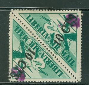 Liberia 1944-5, 10c on 5c bird triangle PAIR, PERPENDICULAR overprint NH #C46 - Picture 1 of 2