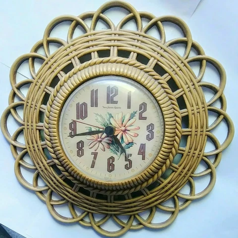 Vintage Burwood Nw Haven USA Battery Quartz WALL CLOCK Brown Basket Weave Floral Cover