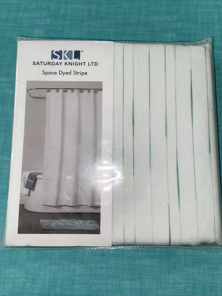 WHITE KOHLS FABRIC SHOWER  WHITE WITH GREEN STRIATED STRIPES 70 x 72 NEW - Image 1 of 4