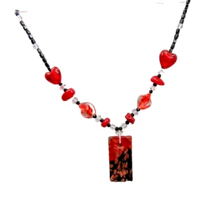 Unbranded Black & Red Necklace Gold Flecks Square w/ Heart Beads Glass & Lucite? - Picture 1 of 6