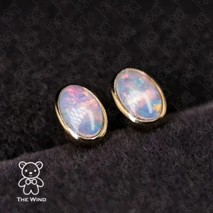 Minimalist Oval Shaped Australian Solid Opal Stud Earrings 14K Yellow Gold - Picture 1 of 6