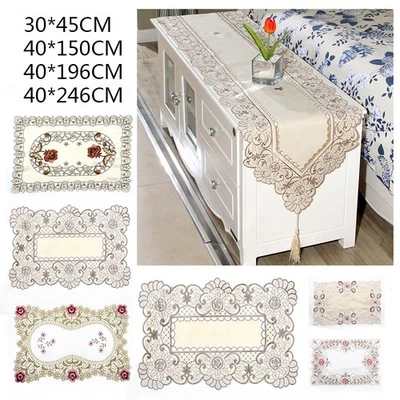 Table Runners Embroidered Floral Lace Fabric Translucent Gauze Table Cloth Xmas - Image 1 of 4