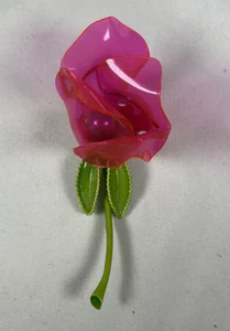Vtg Hot Pink Plastic Rose With Faux Petal Center Enameled Green Stem Pin Brooch - Picture 1 of 10