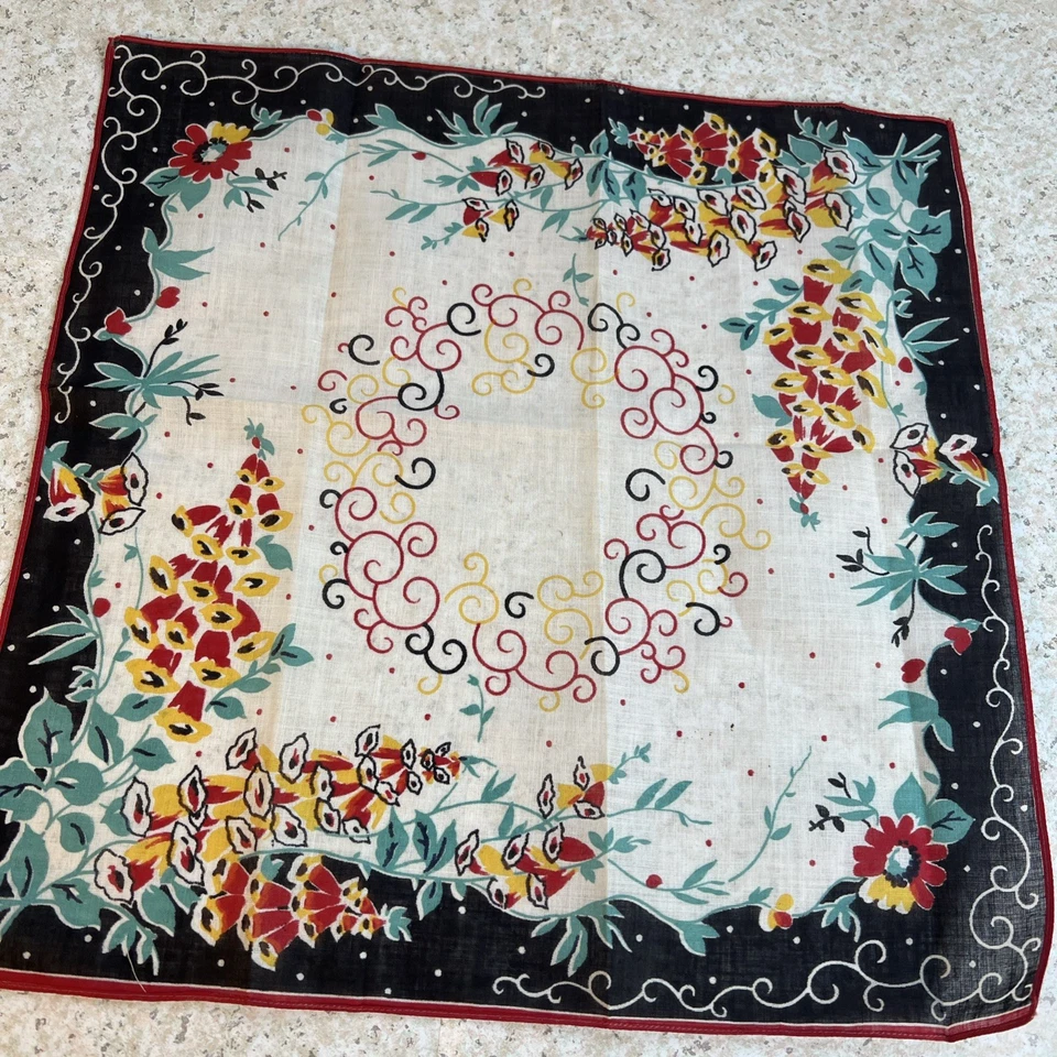 "Pañuelo floral Art Deco vintage para mujer pañuelo años 50 13"" punto de remolinos caprichosos" Foto 1 de 4