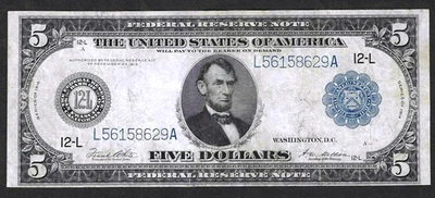 1914 $5 FEDERAL RESERVE NOTE ~ SAN FRANCISCO CALIFORNIA ~ NICE EXTREMELY FINE - Image 1 of 4