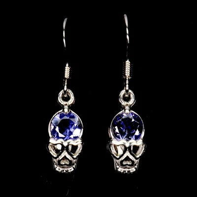 925 Sterling Silver Earrings Round Iolite 5mm Skull Natural Gemstone Jewelry - Image 1 of 4