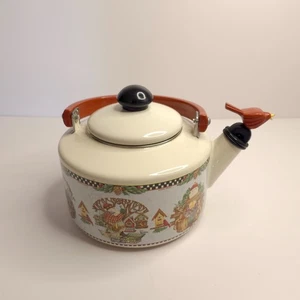 Debbie Mumm Woodland Santa Whistling Tea Kettle 2.5 Qt Porcelain Enamel 1999 - Picture 1 of 8