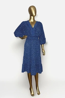 MAX STUDIO Smocked Waist Midi Dress Ruffle Floral Blue Polka Dot EUC ~ Size L - Image 1 of 4