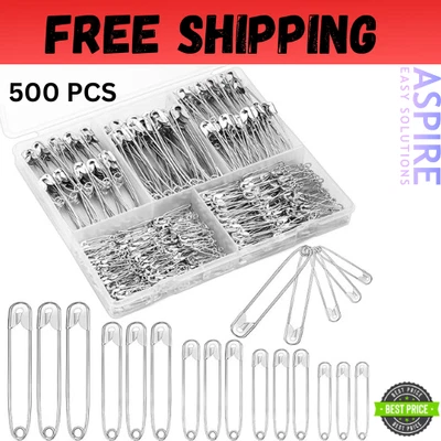 500 Ps 5 Sizes Safety Pins Assorted Size Rust-Resistant Nickel Plated Steel Asso