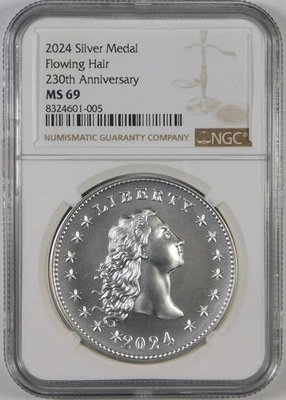 2024 Flowing Hair 230th Anniversary Commemorative Silver Medal NGC MS69 - Image 1 of 2