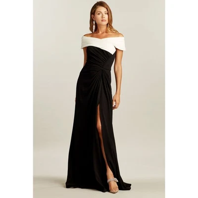 Tadashi Showji Formal Gown, Size L Black Off the Shoulder Crepe Slit Retro Glam - Image 1 of 4