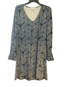 La Mer Luxe Sz M Blue White V-Neck Flared Sleeve Luxury Fabric Elegant Dress - Picture 1 of 6
